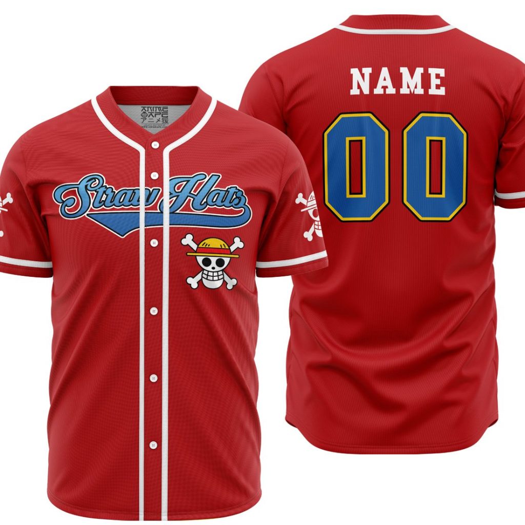 Personalized Straw Hats Luffy OP AOP Baseball Jersey MAIN Mockup - Anime Gifts Store